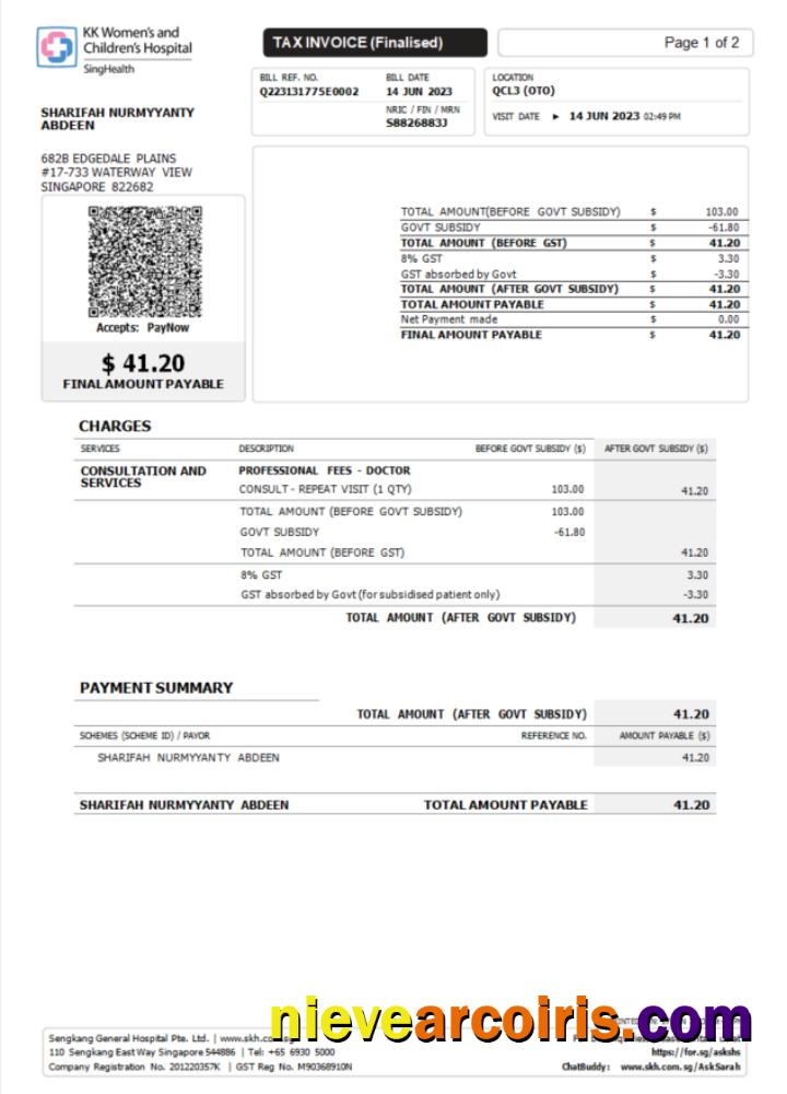 Singapore KK Hospital tax invoice